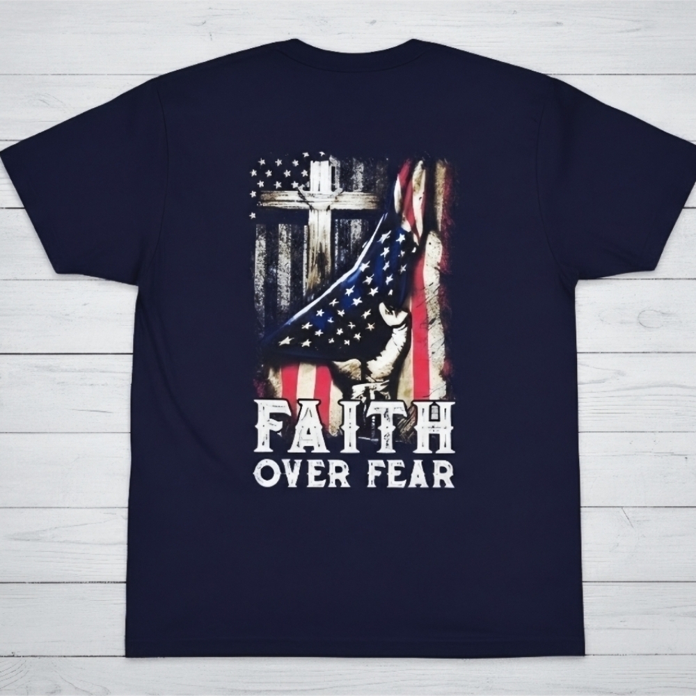 Faith Over Fear Christian Patriotic Tee • Cross & Praying Hands Shirt • American - Picture 9 of 12